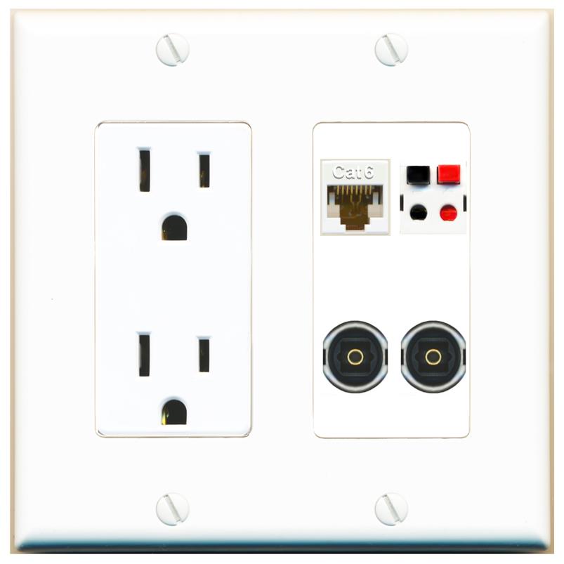 RiteAV CAT6 SPEAKER 2 TOSLINK Wall Plate with 15A Power Outlet [White]