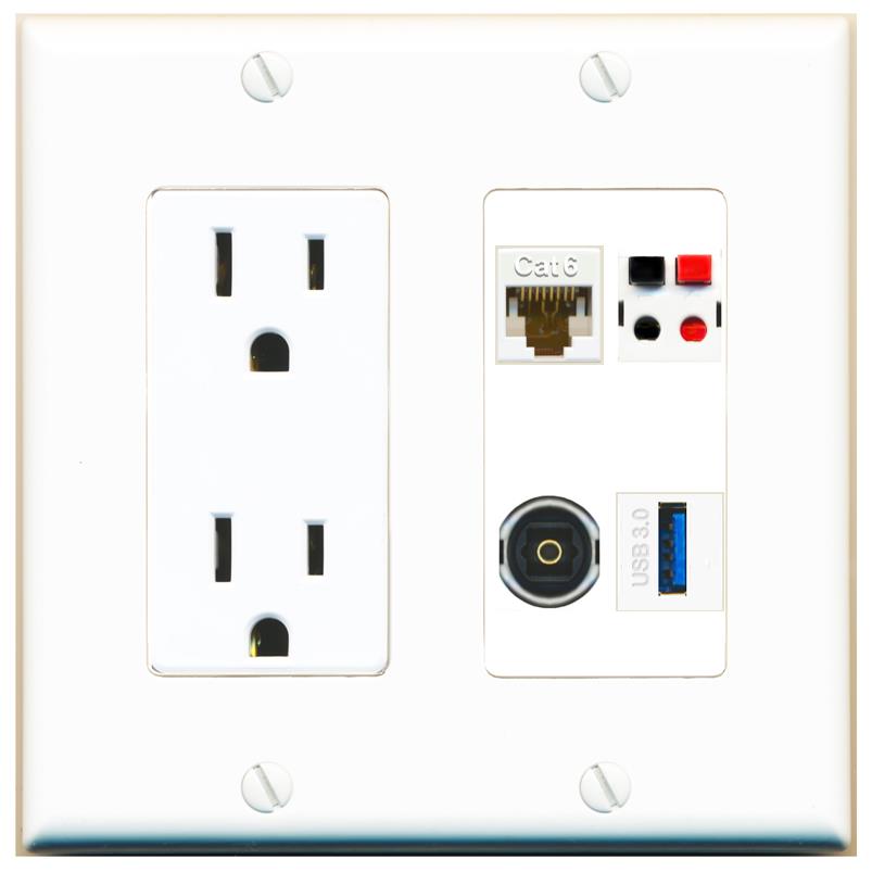 RiteAV CAT6 SPEAKER TOSLINK USB-3 Wall Plate with 15A Power Outlet [White]