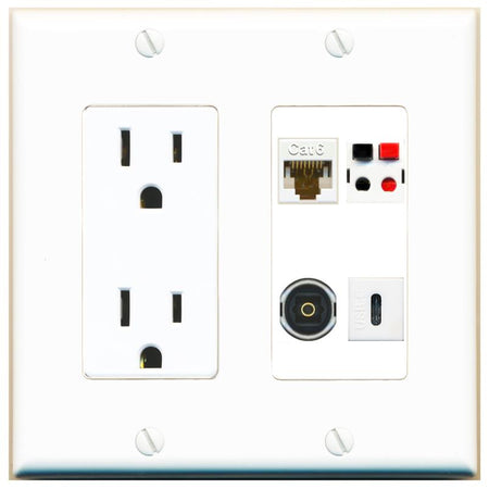 RiteAV CAT6 SPEAKER TOSLINK USBC Wall Plate with 15A Power Outlet [White]