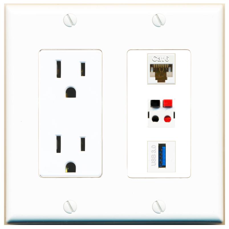 1 CAT6 1 SPEAKER 1 USB-3 Wall Plate [White]