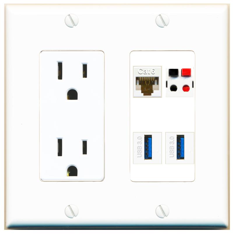 RiteAV CAT6 SPEAKER 2 USB-3 Wall Plate with 15A Power Outlet [White]