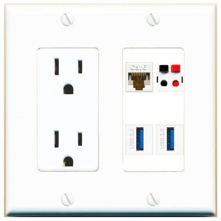 RiteAV CAT6 SPEAKER 2 USB-3 Wall Plate with 15A Power Outlet [White]
