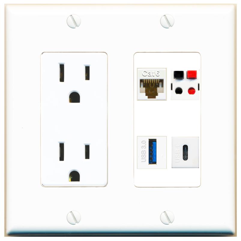 RiteAV CAT6 SPEAKER USB-3 USBC Wall Plate with 15A Power Outlet [White]