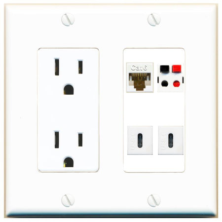 RiteAV CAT6 SPEAKER 2 USBC Wall Plate with 15A Power Outlet [White]