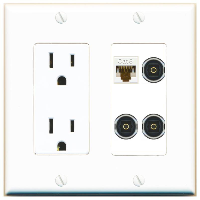 RiteAV CAT6 3 TOSLINK Wall Plate with 15A Power Outlet [White]