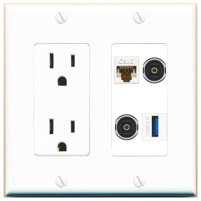 RiteAV CAT6 2 TOSLINK USB-3 Wall Plate with 15A Power Outlet [White]
