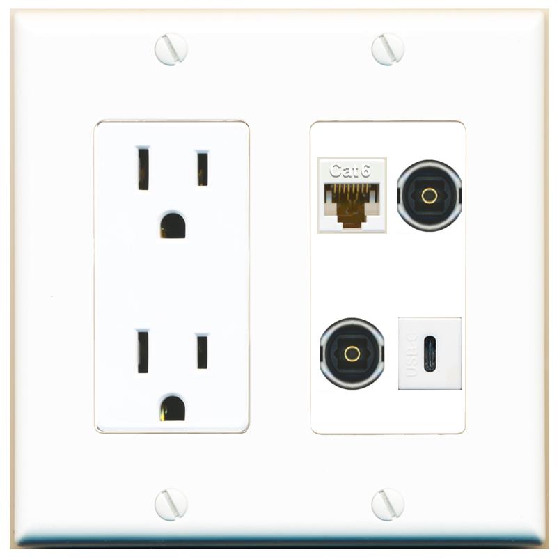 RiteAV CAT6 2 TOSLINK USBC Wall Plate with 15A Power Outlet [White]