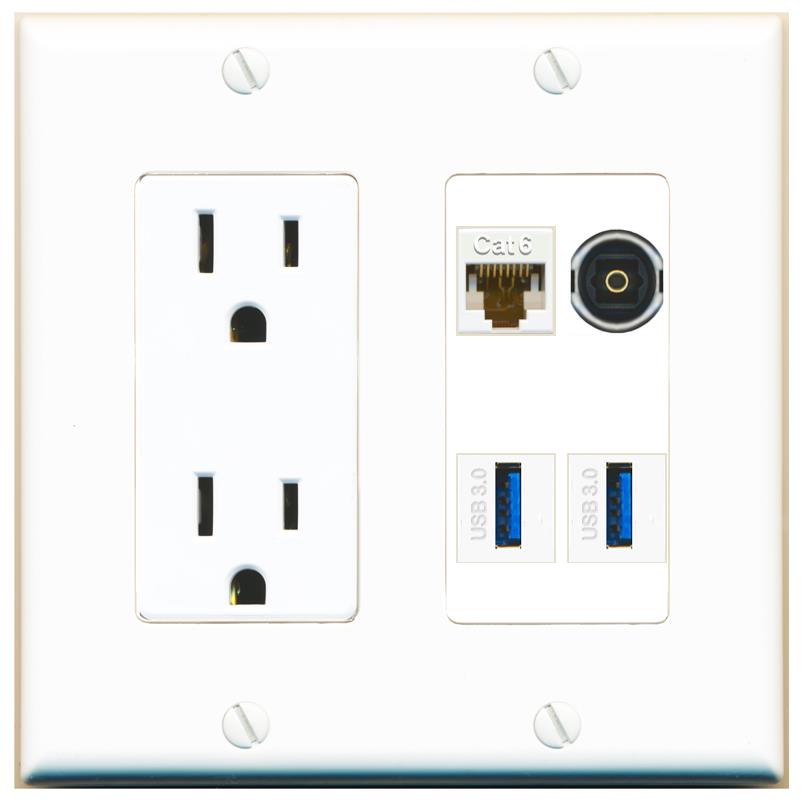 RiteAV CAT6 TOSLINK 2 USB-3 Wall Plate with 15A Power Outlet [White]