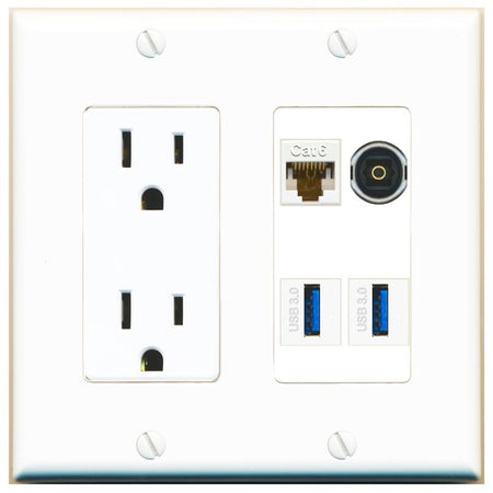 RiteAV CAT6 TOSLINK 2 USB-3 Wall Plate with 15A Power Outlet [White]