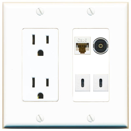 RiteAV CAT6 TOSLINK 2 USBC Wall Plate with 15A Power Outlet [White]