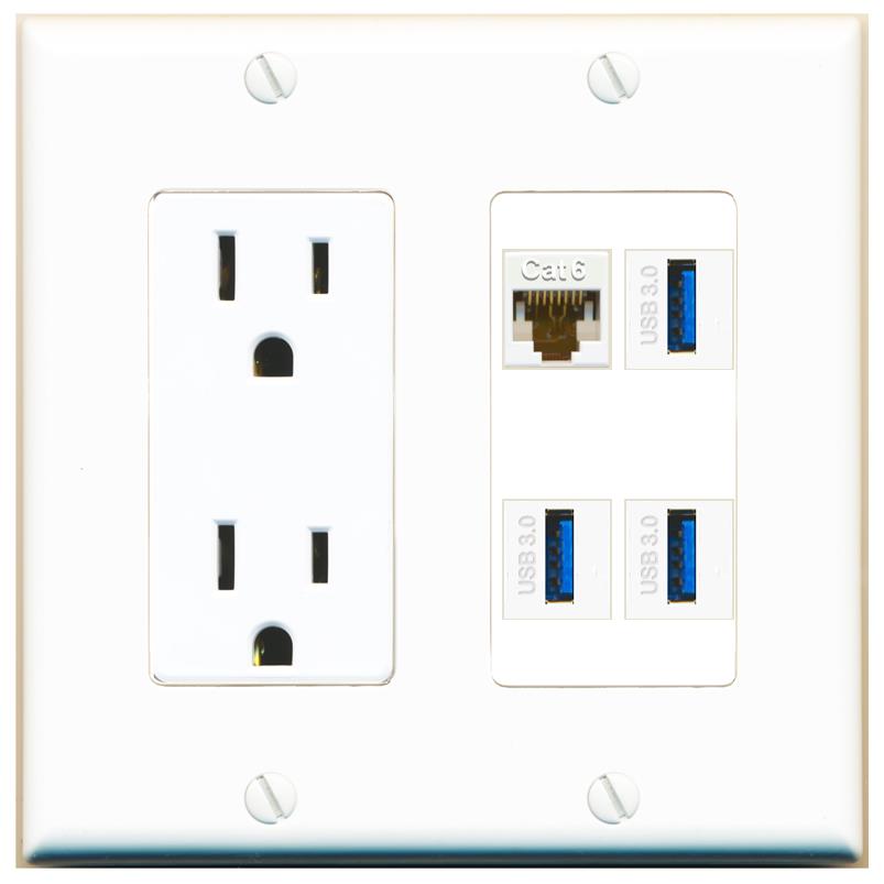 RiteAV CAT6 3 USB-3 Wall Plate with 15A Power Outlet [White]