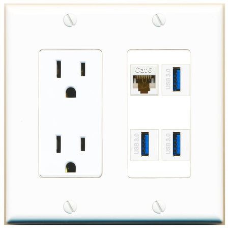 RiteAV CAT6 3 USB-3 Wall Plate with 15A Power Outlet [White]