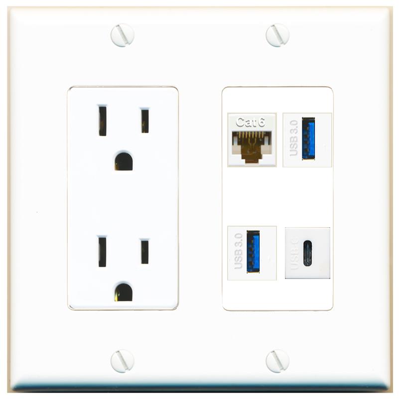 RiteAV CAT6 2 USB-3 USBC Wall Plate with 15A Power Outlet [White]