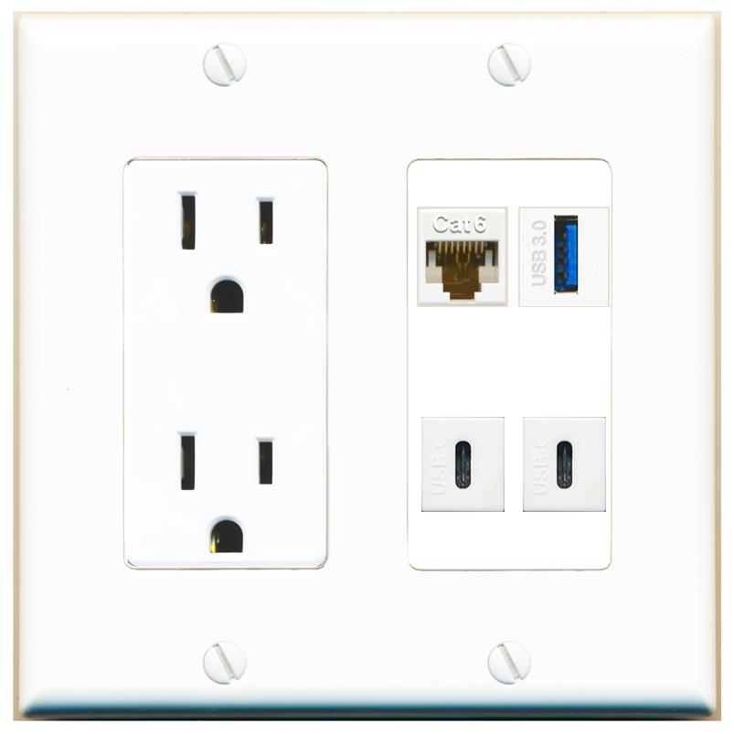 RiteAV CAT6 USB-3 2 USBC Wall Plate with 15A Power Outlet [White]