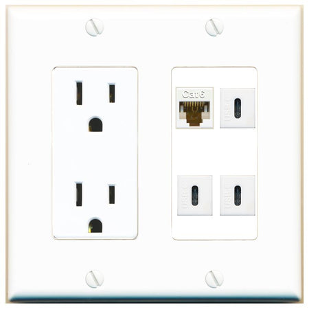 RiteAV CAT6 3 USBC Wall Plate with 15A Power Outlet [White]