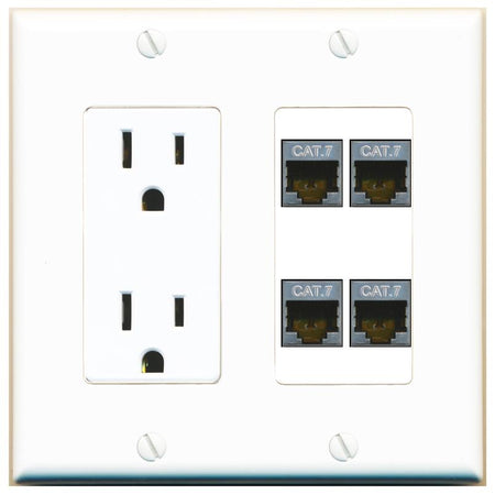 RiteAV 4 CAT7 Wall Plate with 15A Power Outlet [White]