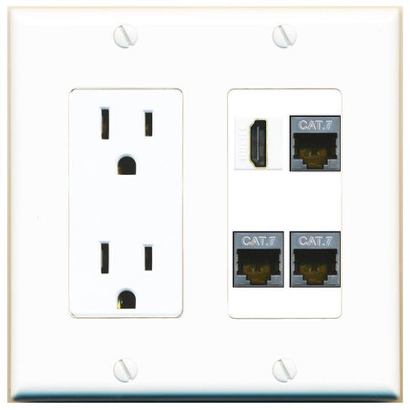 RiteAV 3 CAT7 HDMI Wall Plate with 15A Power Outlet [White]