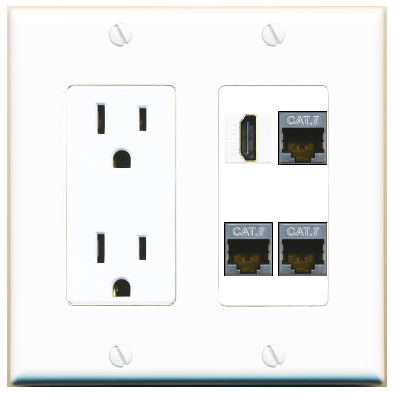 RiteAV 3 CAT7 HDMI Wall Plate with 15A Power Outlet [White]