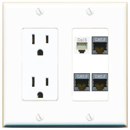 RiteAV 3 CAT7 PHONE Wall Plate with 15A Power Outlet [White]