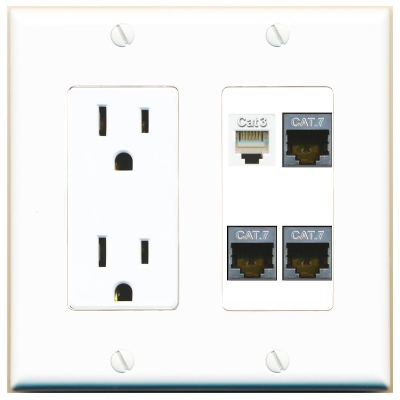 RiteAV 3 CAT7 PHONE Wall Plate with 15A Power Outlet [White]