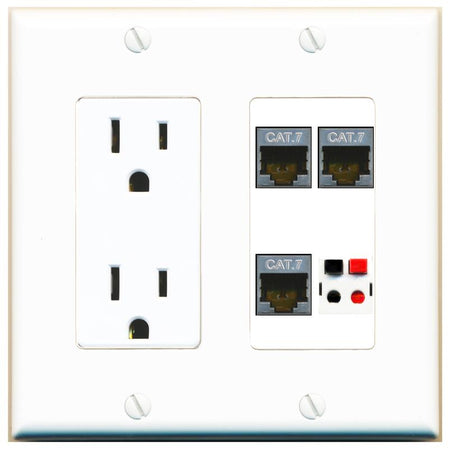 RiteAV 3 CAT7 SPEAKER Wall Plate with 15A Power Outlet [White]