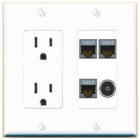 RiteAV 3 CAT7 TOSLINK Wall Plate with 15A Power Outlet [White]