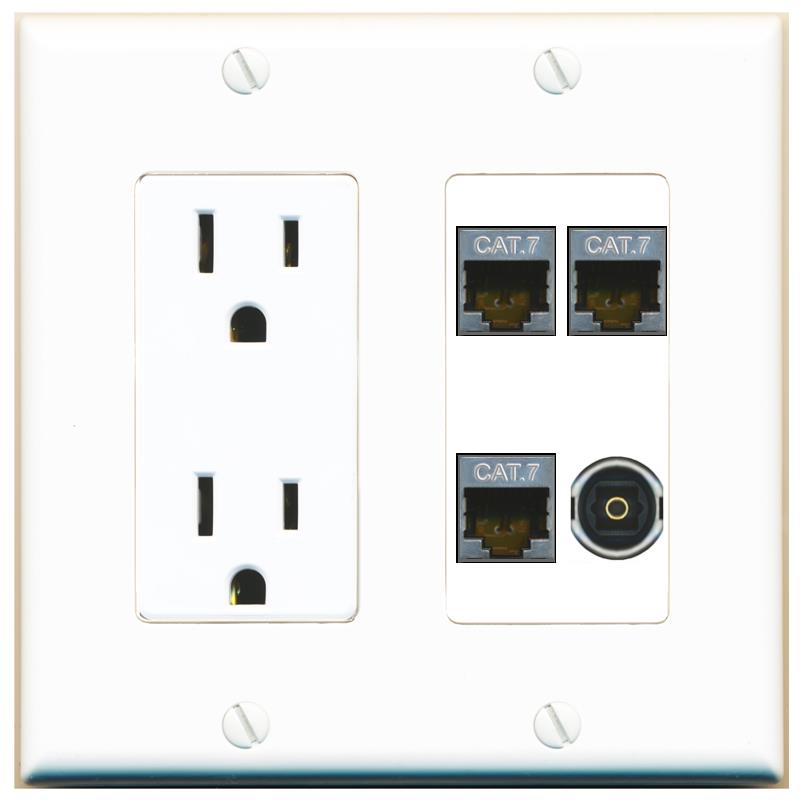 RiteAV 3 CAT7 TOSLINK Wall Plate with 15A Power Outlet [White]