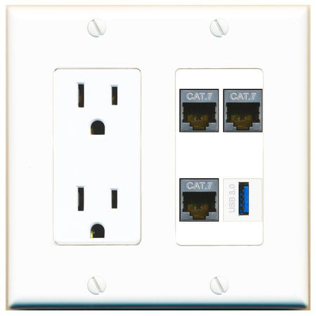 RiteAV 3 CAT7 USB-3 Wall Plate with 15A Power Outlet [White]