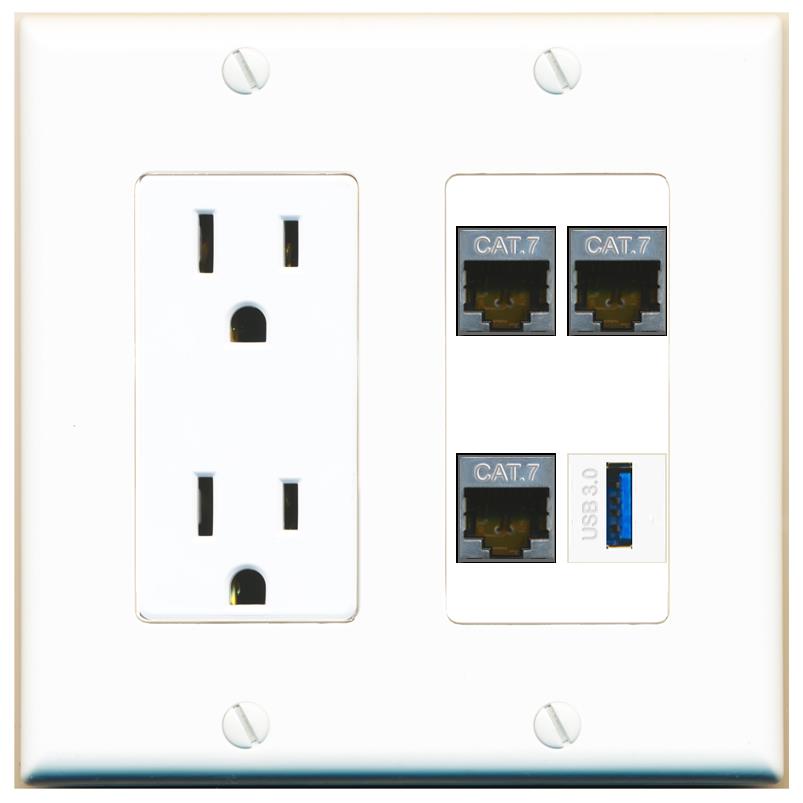 RiteAV 3 CAT7 USB-3 Wall Plate with 15A Power Outlet [White]