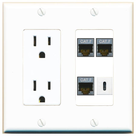 RiteAV 3 CAT7 USBC Wall Plate with 15A Power Outlet [White]