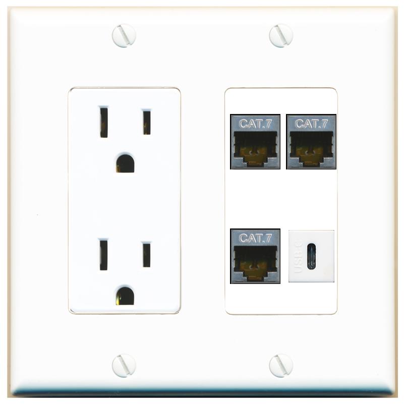 RiteAV 3 CAT7 USBC Wall Plate with 15A Power Outlet [White]