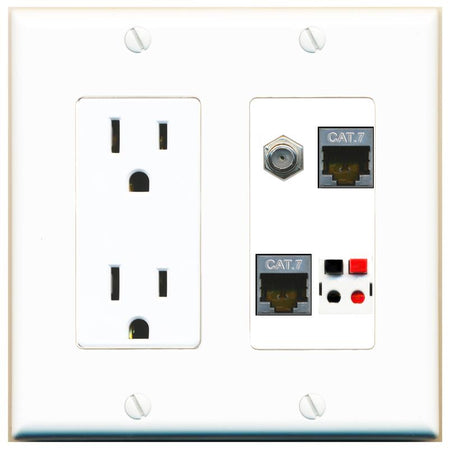 RiteAV 2 CAT7 COAX SPEAKER Wall Plate with 15A Power Outlet [White]