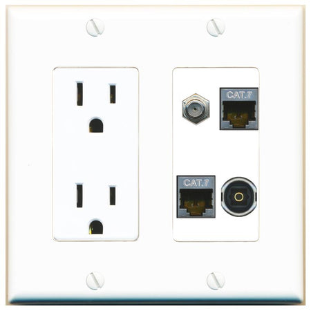 RiteAV 2 CAT7 COAX TOSLINK Wall Plate with 15A Power Outlet [White]