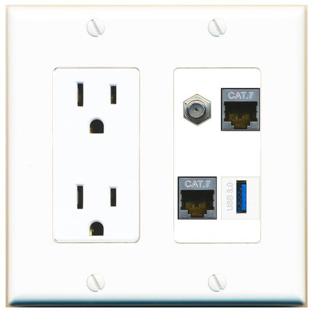 RiteAV 2 CAT7 COAX USB-3 Wall Plate with 15A Power Outlet [White]