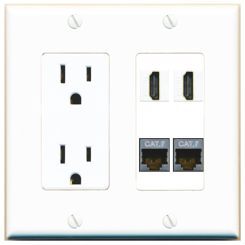 RiteAV 2 CAT7 2 HDMI Wall Plate with 15A Power Outlet [White]