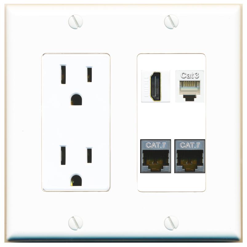 RiteAV 2 CAT7 HDMI PHONE Wall Plate with 15A Power Outlet [White]