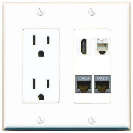 RiteAV 2 CAT7 HDMI PHONE Wall Plate with 15A Power Outlet [White]