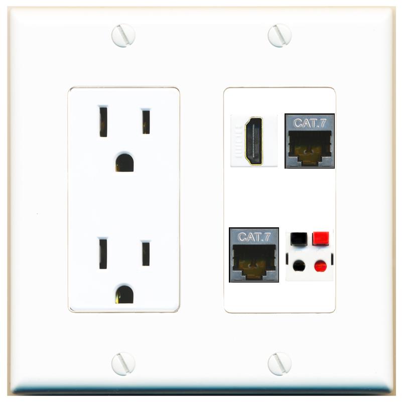 RiteAV 2 CAT7 HDMI SPEAKER Wall Plate with 15A Power Outlet [White]