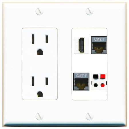 RiteAV 2 CAT7 HDMI SPEAKER Wall Plate with 15A Power Outlet [White]