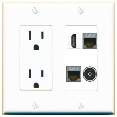 RiteAV 2 CAT7 HDMI TOSLINK Wall Plate with 15A Power Outlet [White]