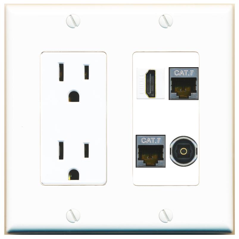 RiteAV 2 CAT7 HDMI TOSLINK Wall Plate with 15A Power Outlet [White]