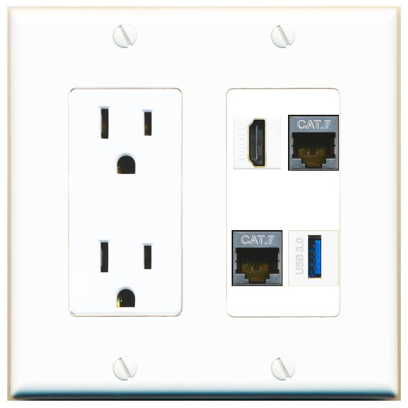 RiteAV 2 CAT7 HDMI USB-3 Wall Plate with 15A Power Outlet [White]