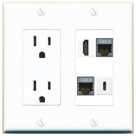 RiteAV 2 CAT7 HDMI USBC Wall Plate with 15A Power Outlet [White]