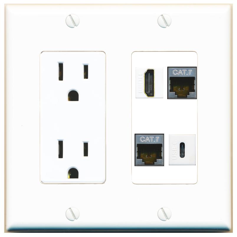 RiteAV 2 CAT7 HDMI USBC Wall Plate with 15A Power Outlet [White]
