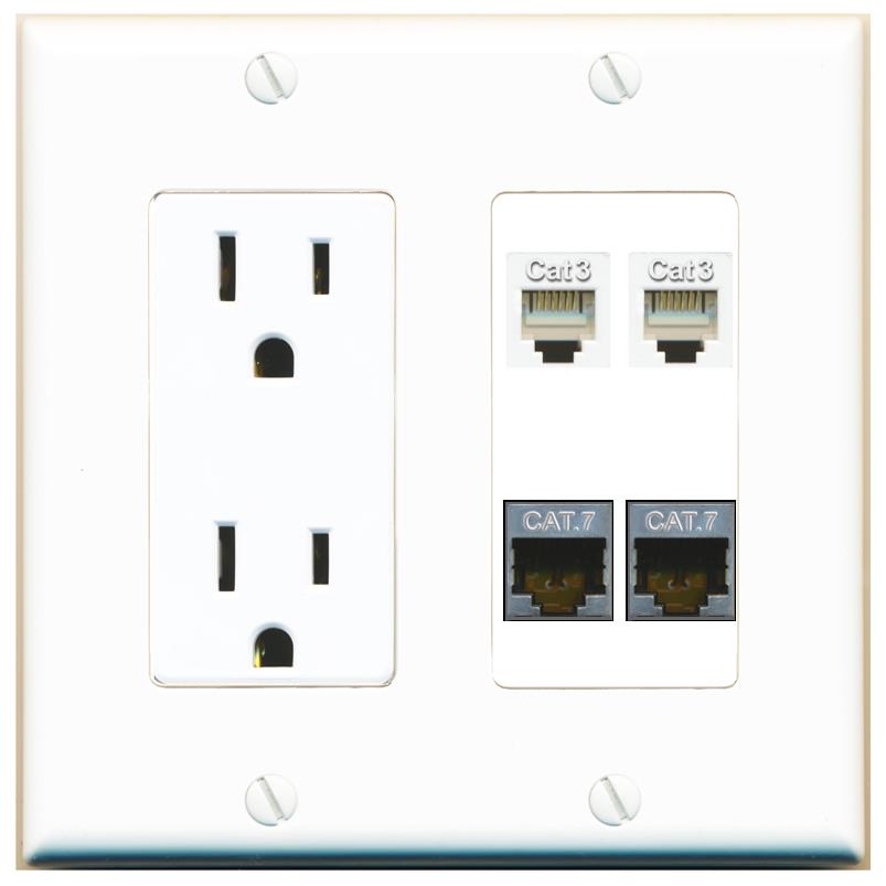 RiteAV 2 CAT7 2 PHONE Wall Plate with 15A Power Outlet [White]
