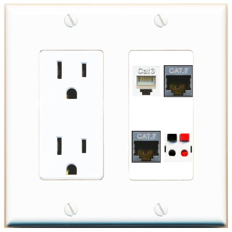 RiteAV 2 CAT7 PHONE SPEAKER Wall Plate with 15A Power Outlet [White]