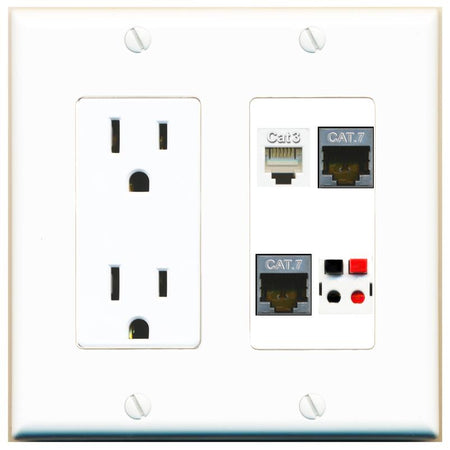 RiteAV 2 CAT7 PHONE SPEAKER Wall Plate with 15A Power Outlet [White]