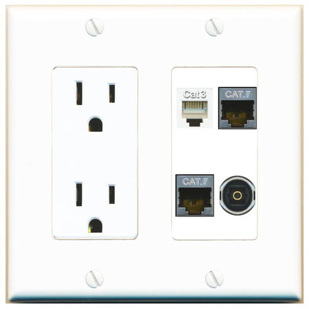 RiteAV 2 CAT7 PHONE TOSLINK Wall Plate with 15A Power Outlet [White]