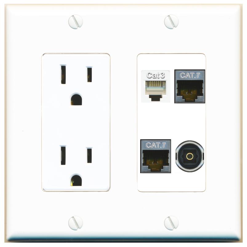 RiteAV 2 CAT7 PHONE TOSLINK Wall Plate with 15A Power Outlet [White]