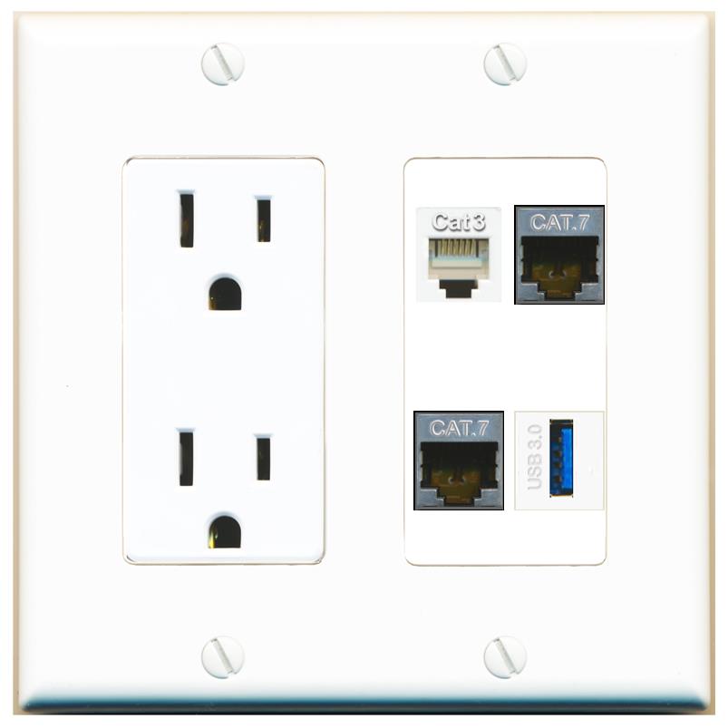 RiteAV 2 CAT7 PHONE USB-3 Wall Plate with 15A Power Outlet [White]